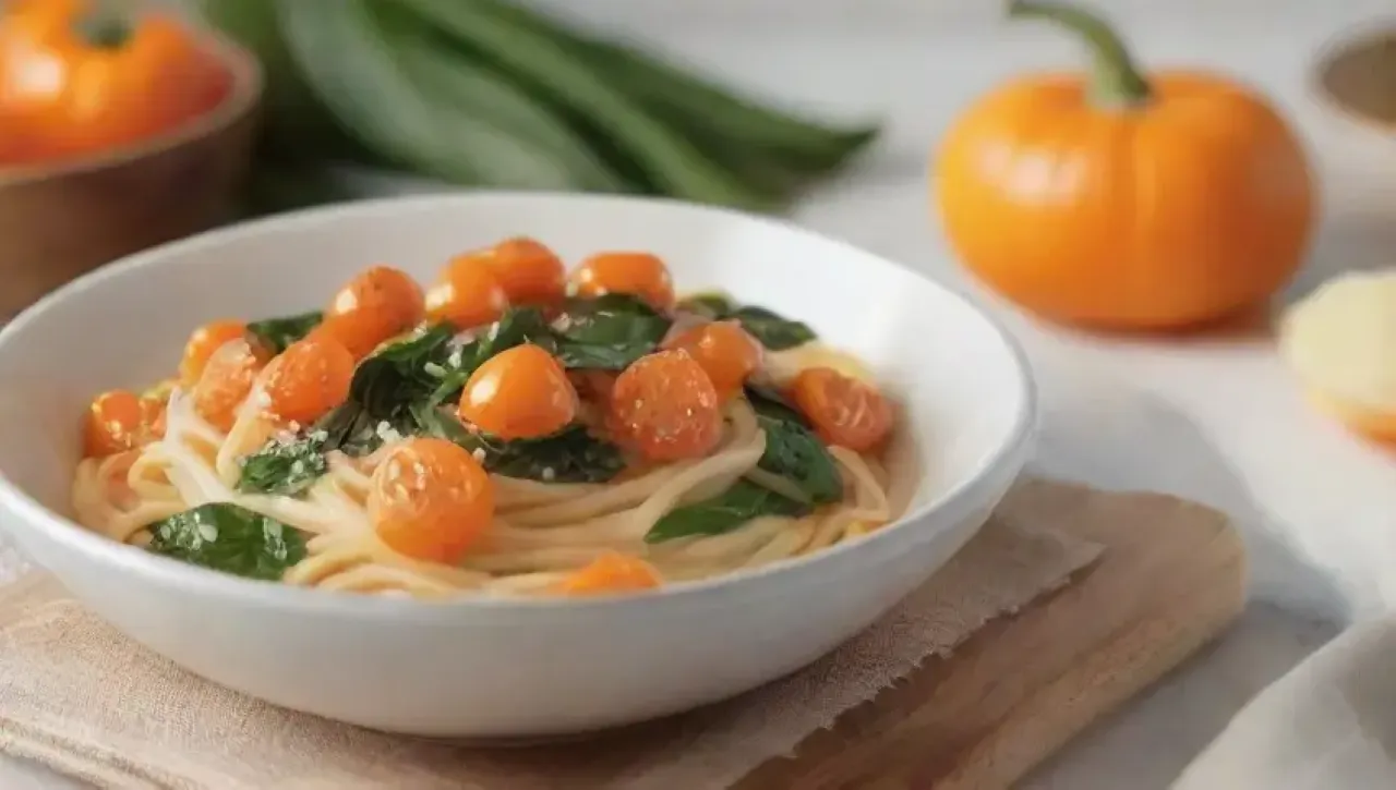 Un plato vibrante de pasta con calabaza, hierbas frescas y un ambiente acogedor