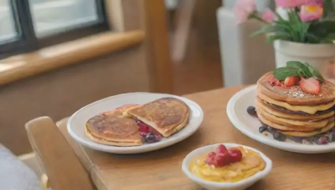 Un brunch vibrante y acogedor con platos coloridos y deliciosos en un café