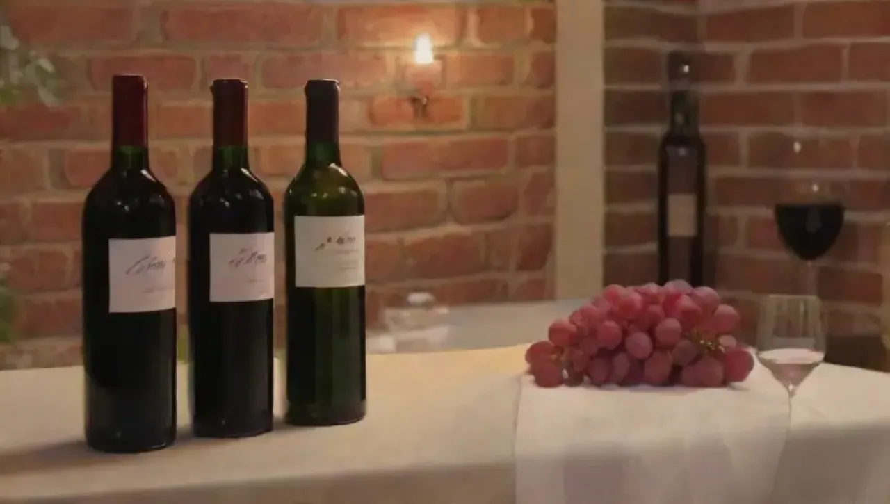 Una elegante escena de vino con botellas brillantes, copas de cristal, y un ambiente acogedor