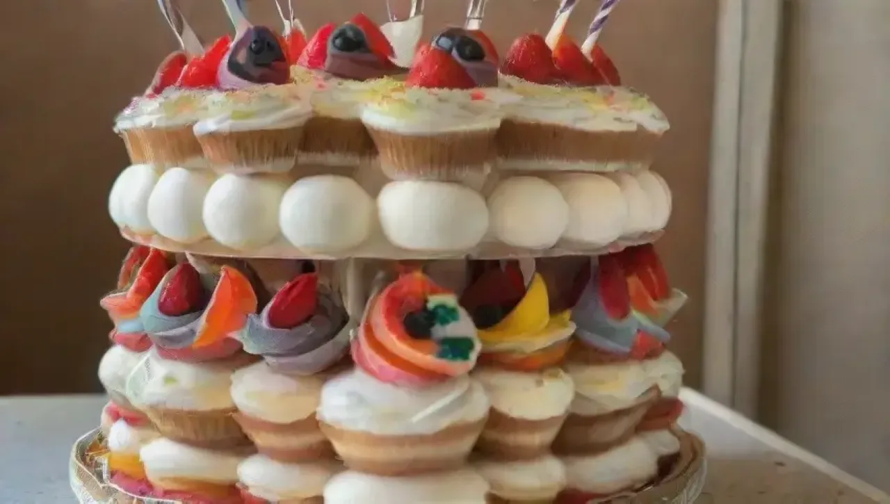 Un pastel colorido se elabora con capas, crema, frutas y flores, mientras una alegre pastelera sonríe en una cocina iluminada