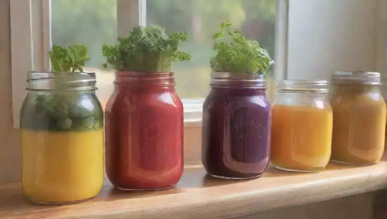 Botellas de jugo vibrantes y frutas coloridas en una cocina iluminada