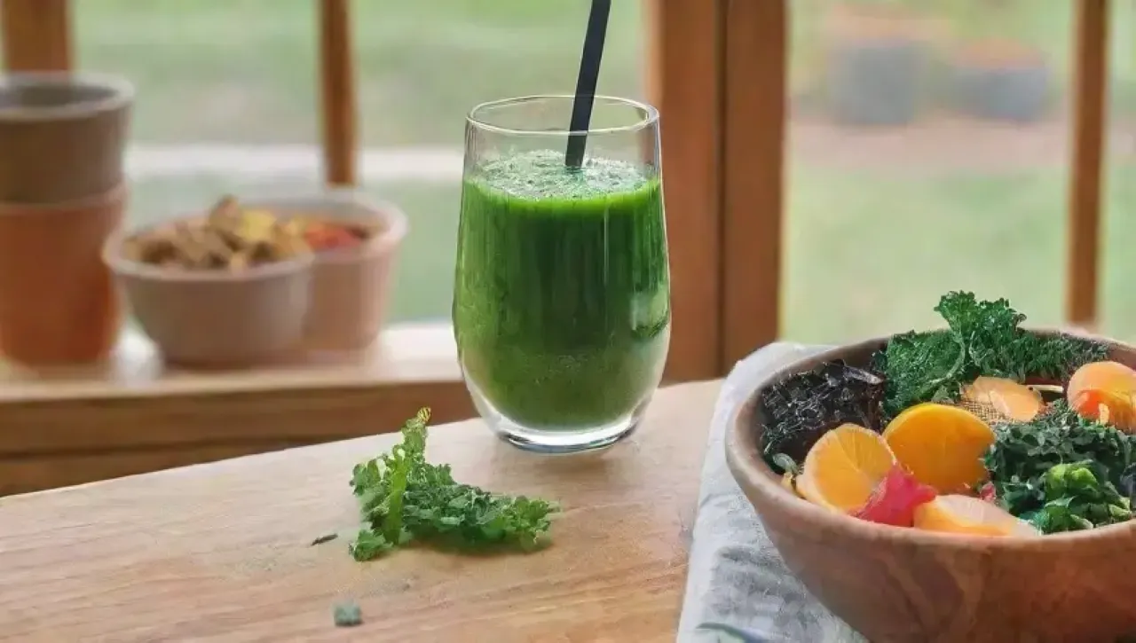 Un ambiente acogedor y saludable con jugo verde, frutas, verduras y utensilios de cocina