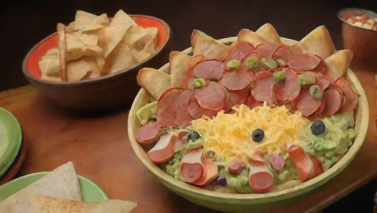 Una noche de cine perfecta con nachos, palomitas, quesos, guacamole y amigos riendo