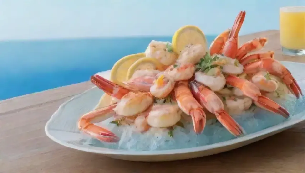 Plato de mariscos vibrante con langosta, camarones y cangrejo en un ambiente acogedor