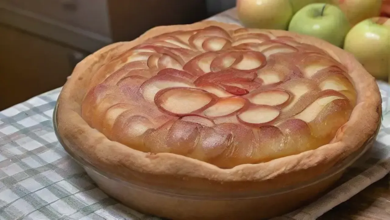 Una cocina vintage con una tarta de manzana caramelizada y un ambiente acogedor de tradición familiar