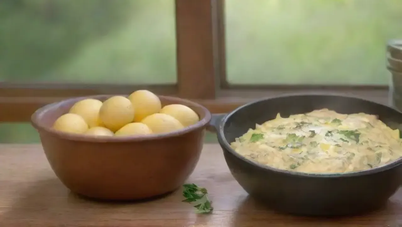 Un acogedor ambiente de cocina con huevos amarillos, papas doradas y hierbas frescas