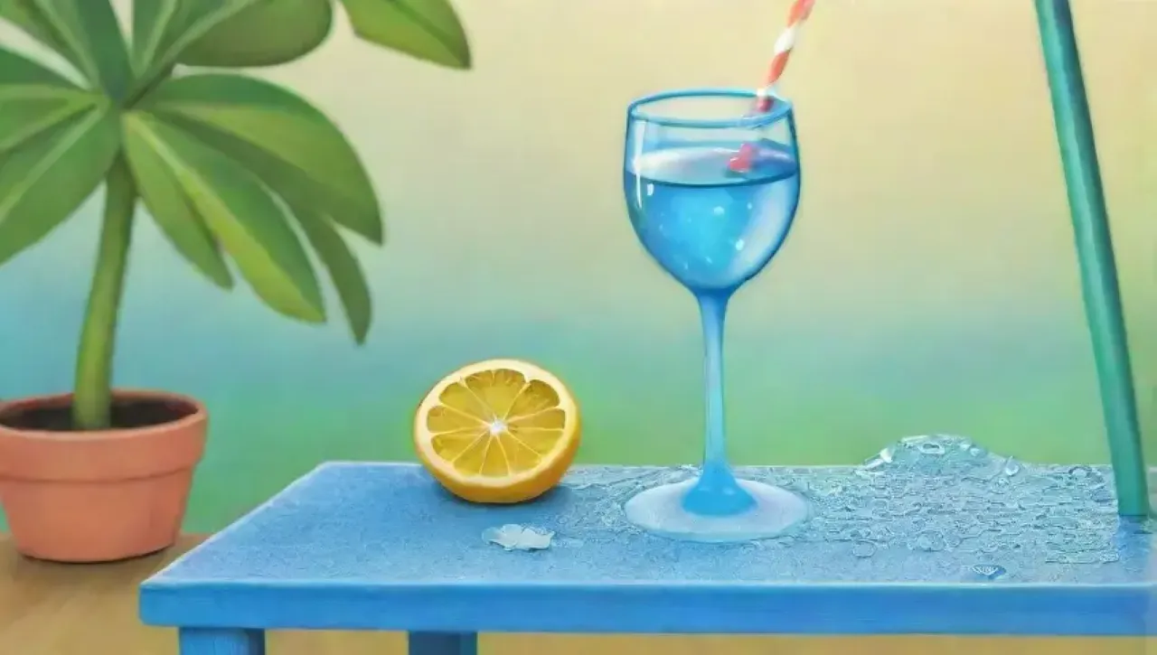 Un fondo azul brillante con agua, limón y hielo, rodeado de naturaleza, que evoca la esencia de la hidratación