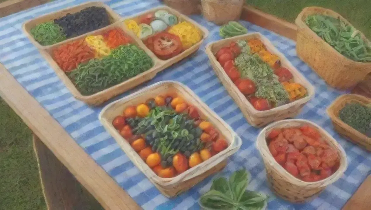 Un picnic colorido y vibrante con pasta, verduras frescas y risas bajo el sol