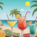 Cócteles coloridos y frutas tropicales en un ambiente veraniego brasileño