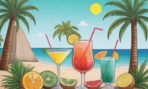 Cócteles coloridos y frutas tropicales en un ambiente veraniego brasileño
