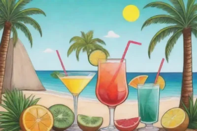 Cócteles coloridos y frutas tropicales en un ambiente veraniego brasileño