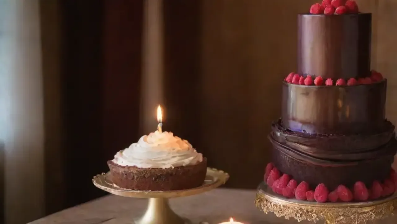 Un elegante postre de chocolate con frambuesas y crema, adornado con detalles dorados y un ambiente acogedor