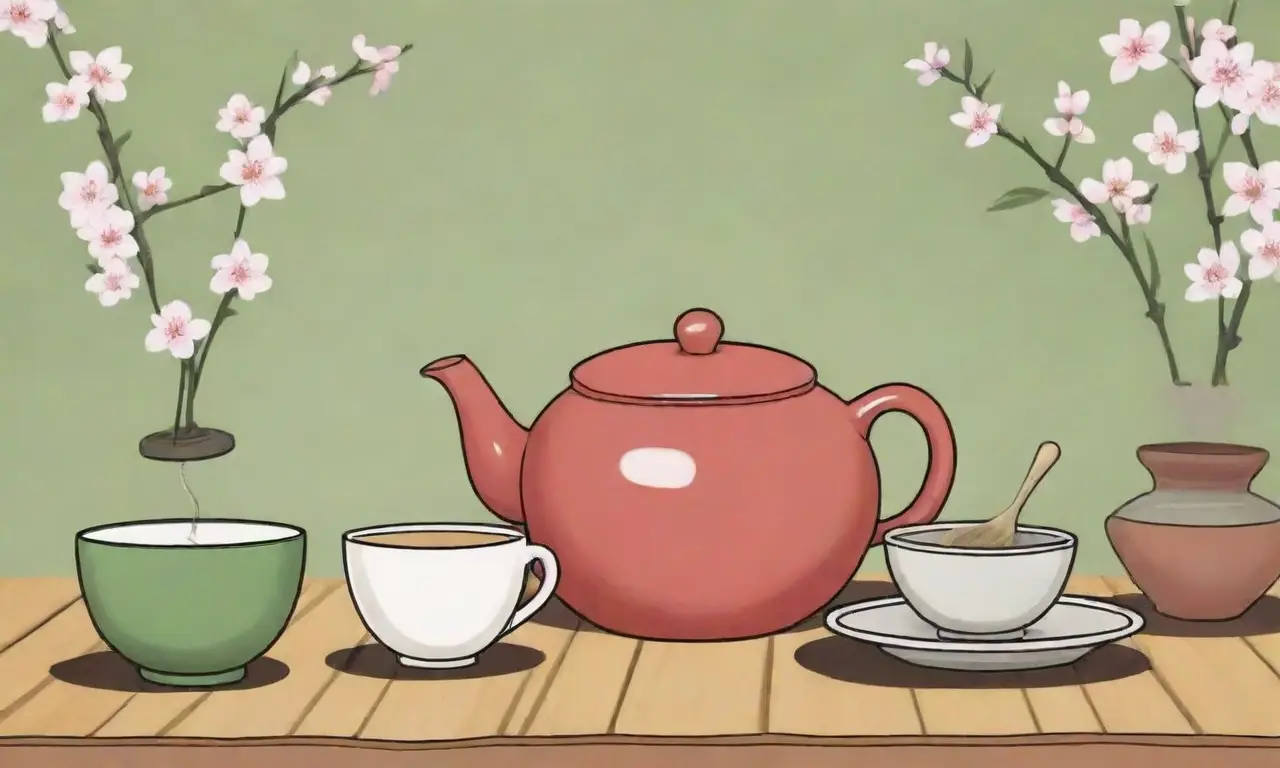 Utensilios de té en un jardín sereno con elegancia simple y rica historia