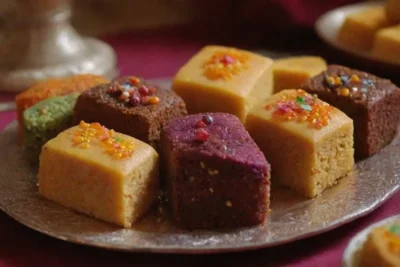 Postres afganos coloridos y elegantes con texturas ricas y detalles encantadores