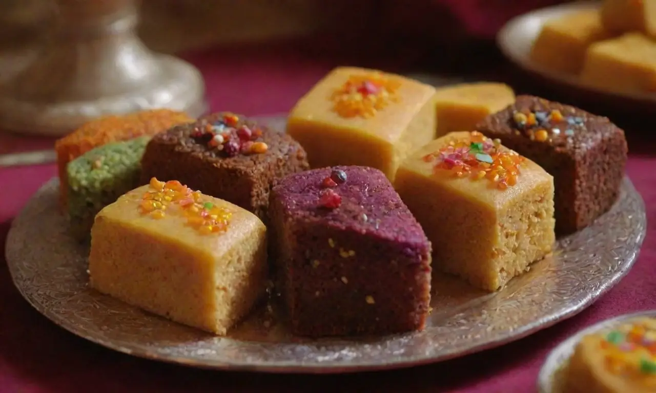 Postres afganos coloridos y elegantes con texturas ricas y detalles encantadores