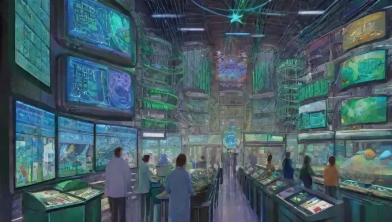 Un paisaje digital vibrante con colores, tecnología futurista y una fusión de naturaleza y progreso