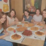 Encuentro vibrante entre amigos con platos deliciosos y un ambiente acogedor