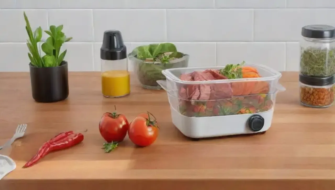 Una cocina moderna y elegante llena de ingredientes frescos y utensilios precisos que crean un ambiente culinario atractivo