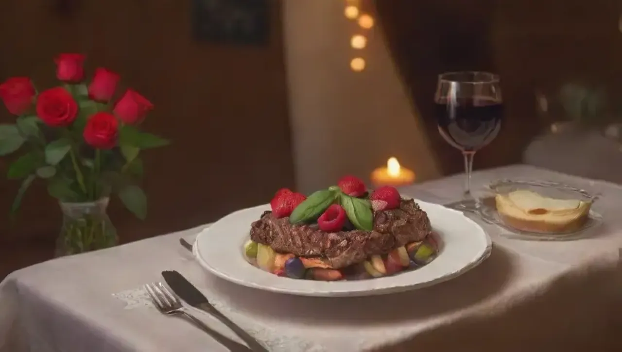 Una cena romántica con luz de velas, flores, vino y un ambiente acogedor