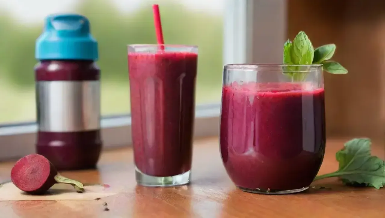 Un vibrante jugo de remolacha en un entorno rústico refleja un estilo de vida saludable y energético