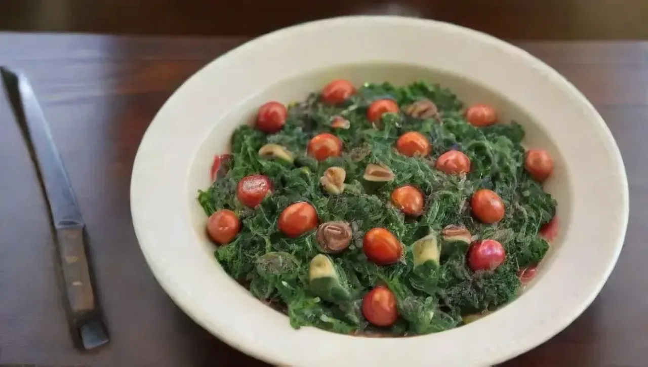 En una cocina acogedora, se presenta un plato colorido con kale, tomates, aguacate, aceite de oliva, sal, hierbas frescas y un toque de limón
