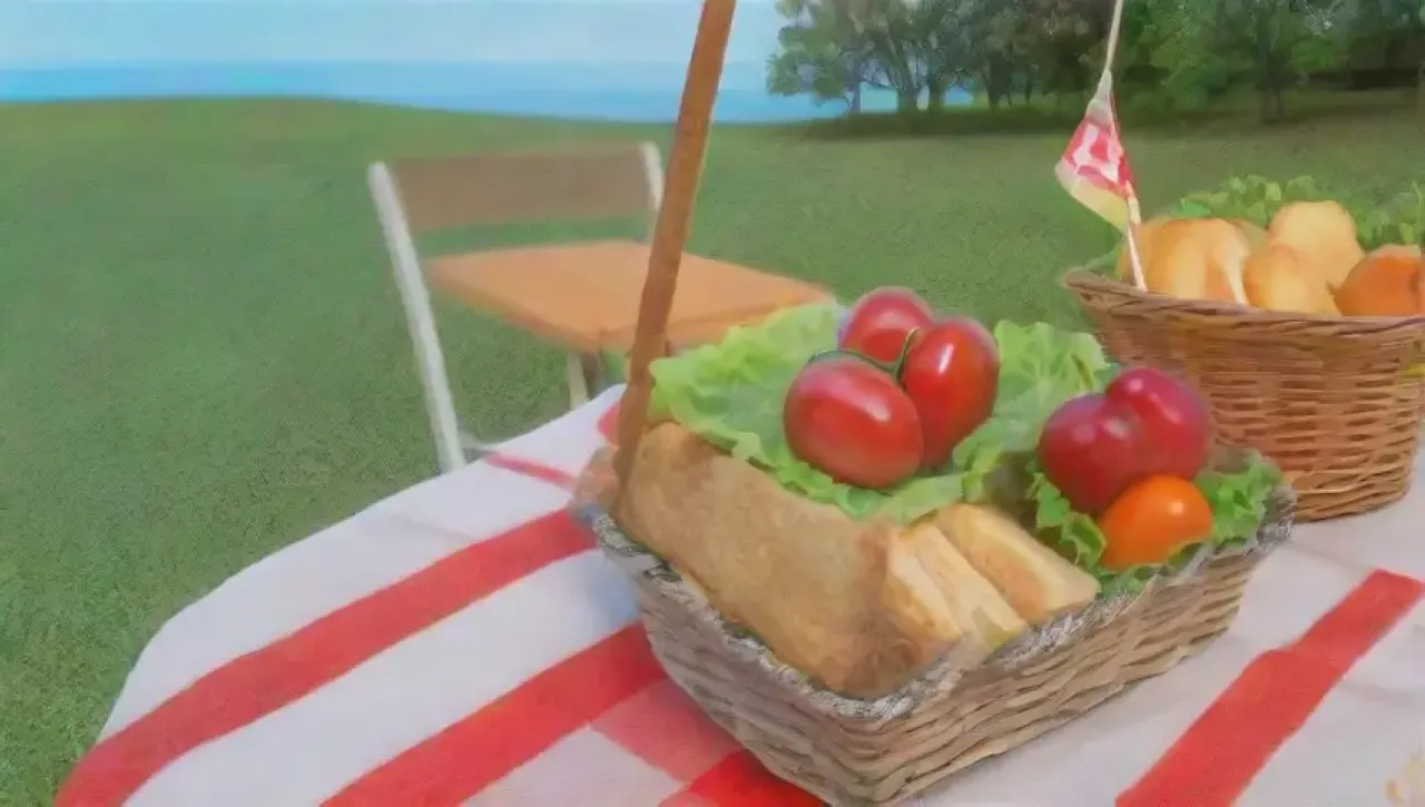 Un picnic alegre en un parque con ensalada César, risas y amigos