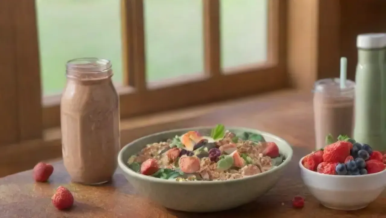 Un colorido y vibrante ambiente de cocina saludable con batidos, frutas y proteínas