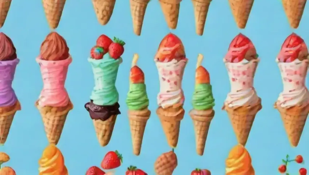 Conos de helado coloridos y vibrantes, con sabores de temporada y alegría veraniega