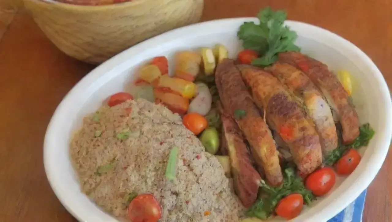 Una mesa rústica llena de platos coloridos y aromas deliciosos invita a disfrutar de una festín visual y gustativo
