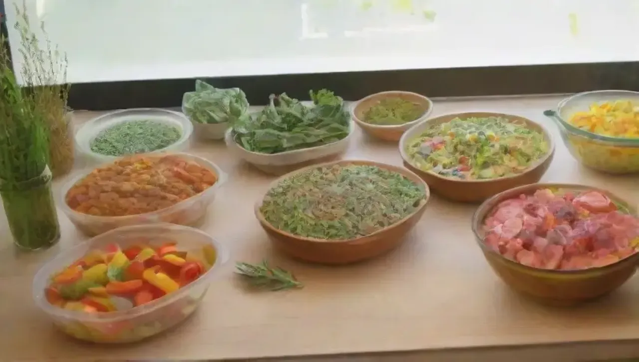 Una cocina acogedora llena de ingredientes frescos y una familia disfrutando de una comida saludable