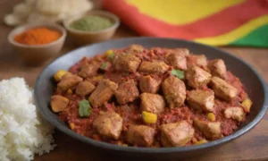 Ingredientes coloridos y pollo en un plato tradicional de doro wat