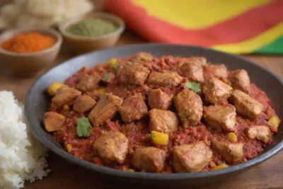Ingredientes coloridos y pollo en un plato tradicional de doro wat