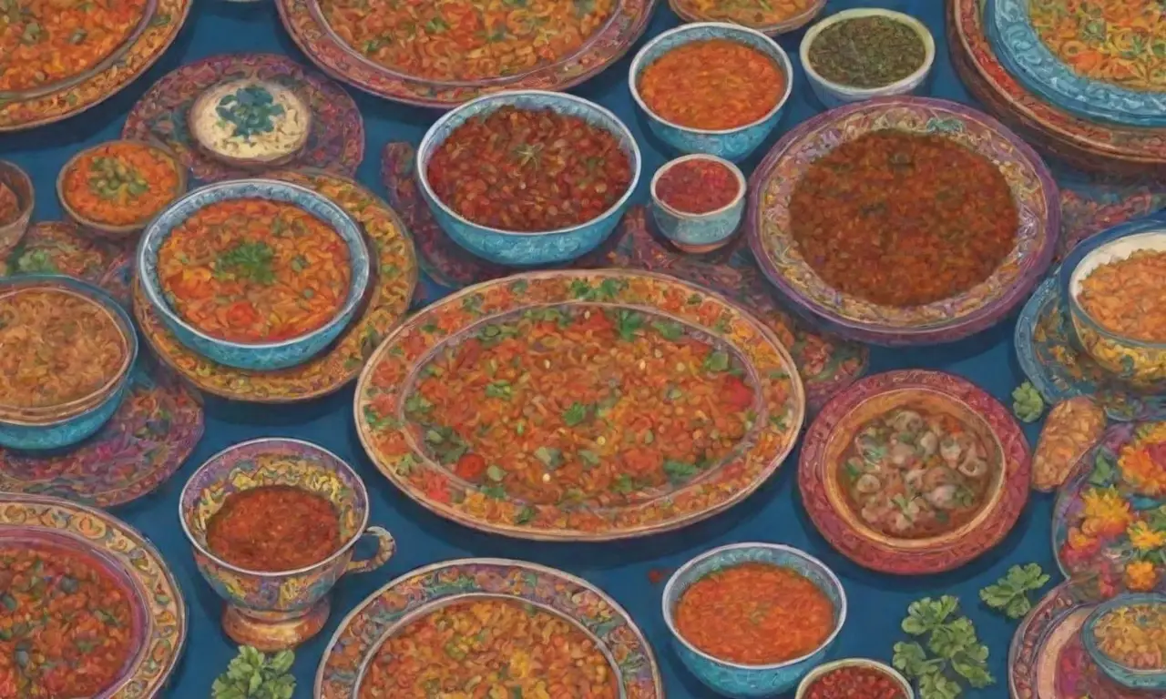 Colores vibrantes y platos elegantes en un ambiente festivo y culturalmente rico