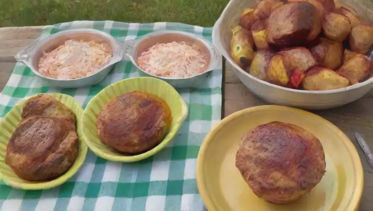 Mesa rústica con comida deliciosa y ambiente alegre al aire libre