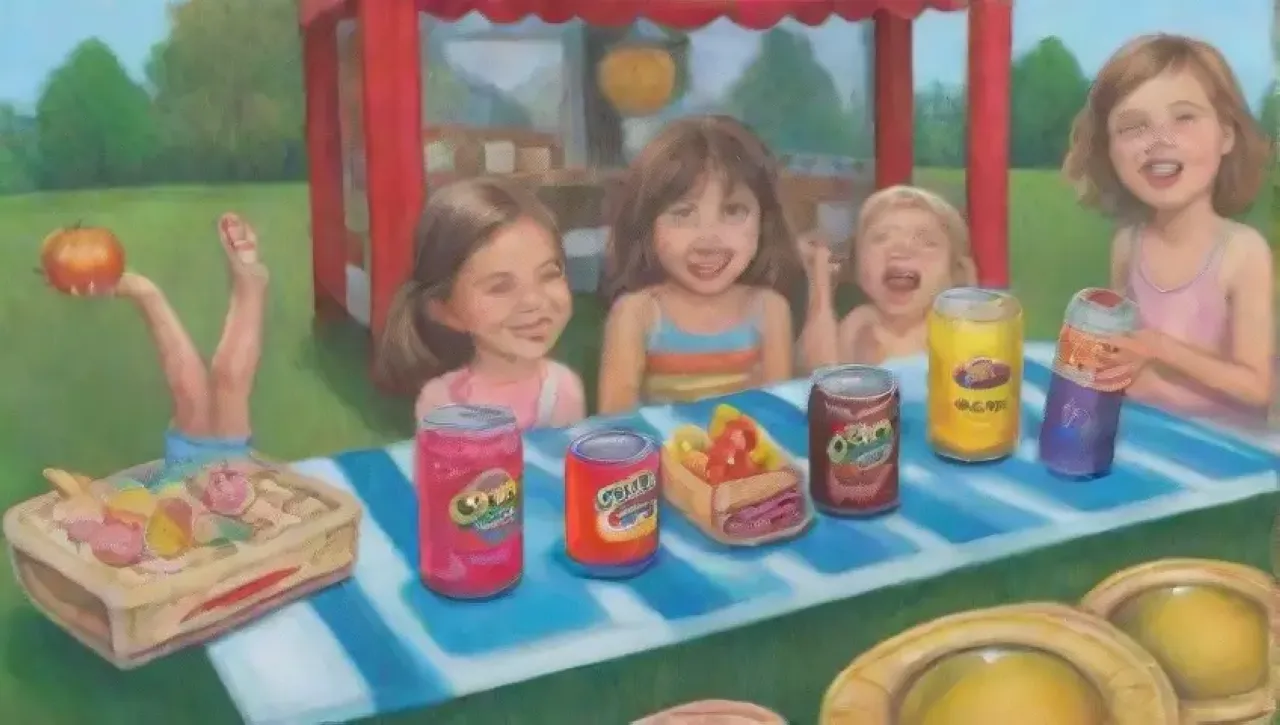 Un picnic alegre con refrescos coloridos, risas de niños y un ambiente vibrante, pero con un toque de preocupación