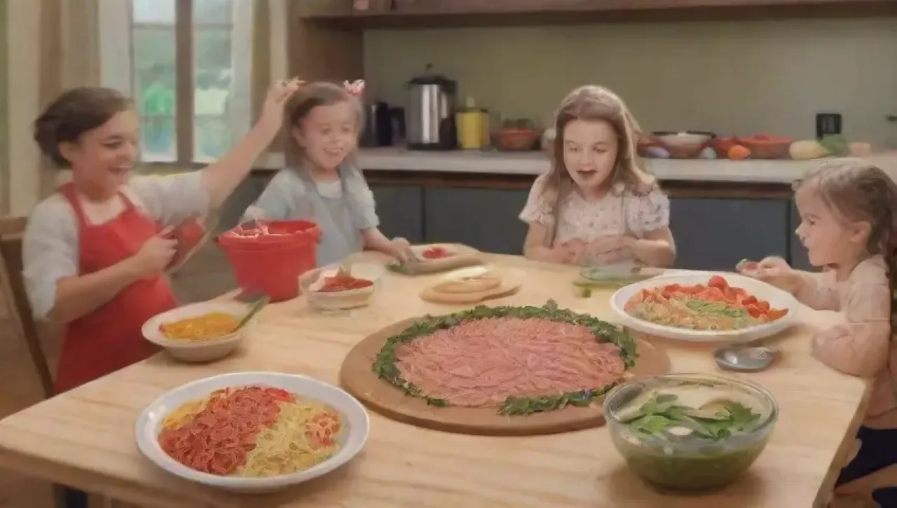 Una cocina acogedora llena de risas, ingredientes frescos y una comida compartida