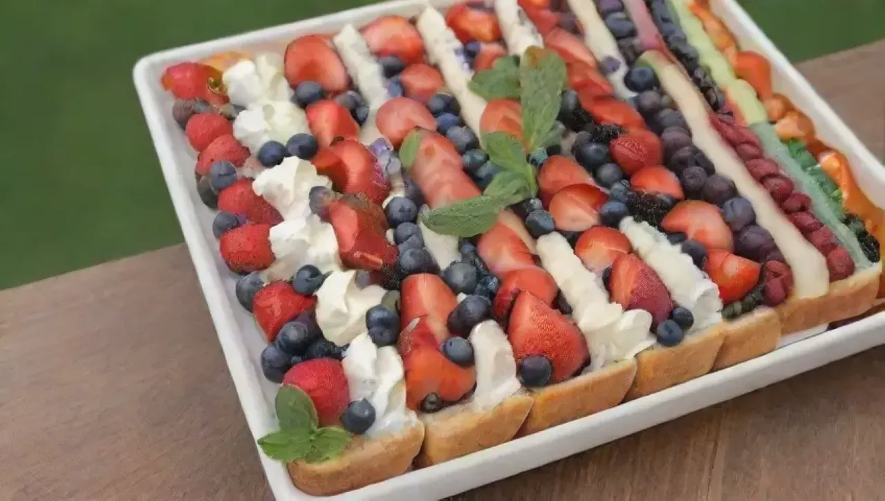 Una reunión alegre con bruschettas vibrantes, frutas coloridas y un ambiente acogedor