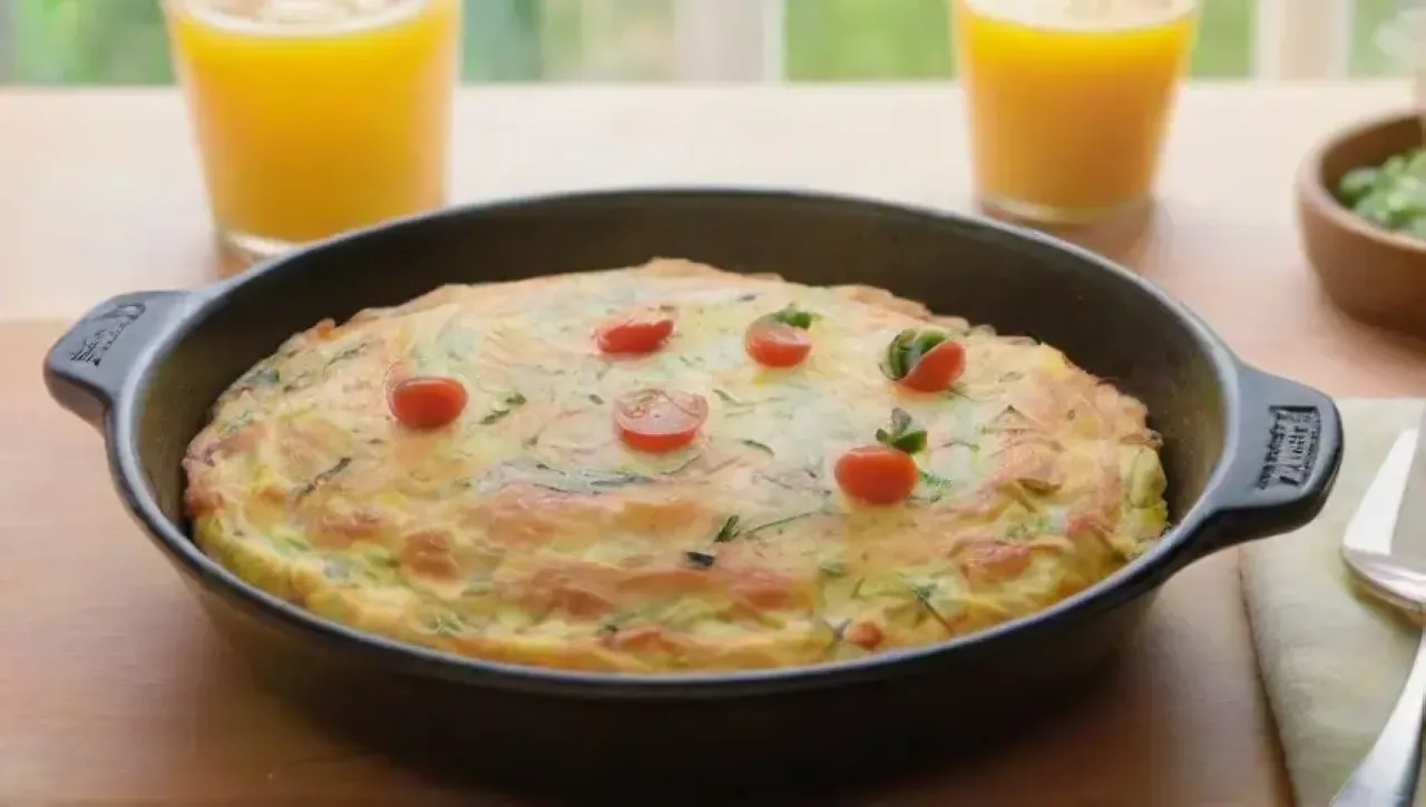 Desayuno acogedor y delicioso con tortilla dorada, puerros verdes, queso cremoso y tomates coloridos