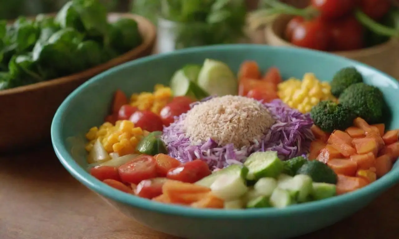 Colores tropicales y vegetales vibrantes en un plato humeante de fusión cultural