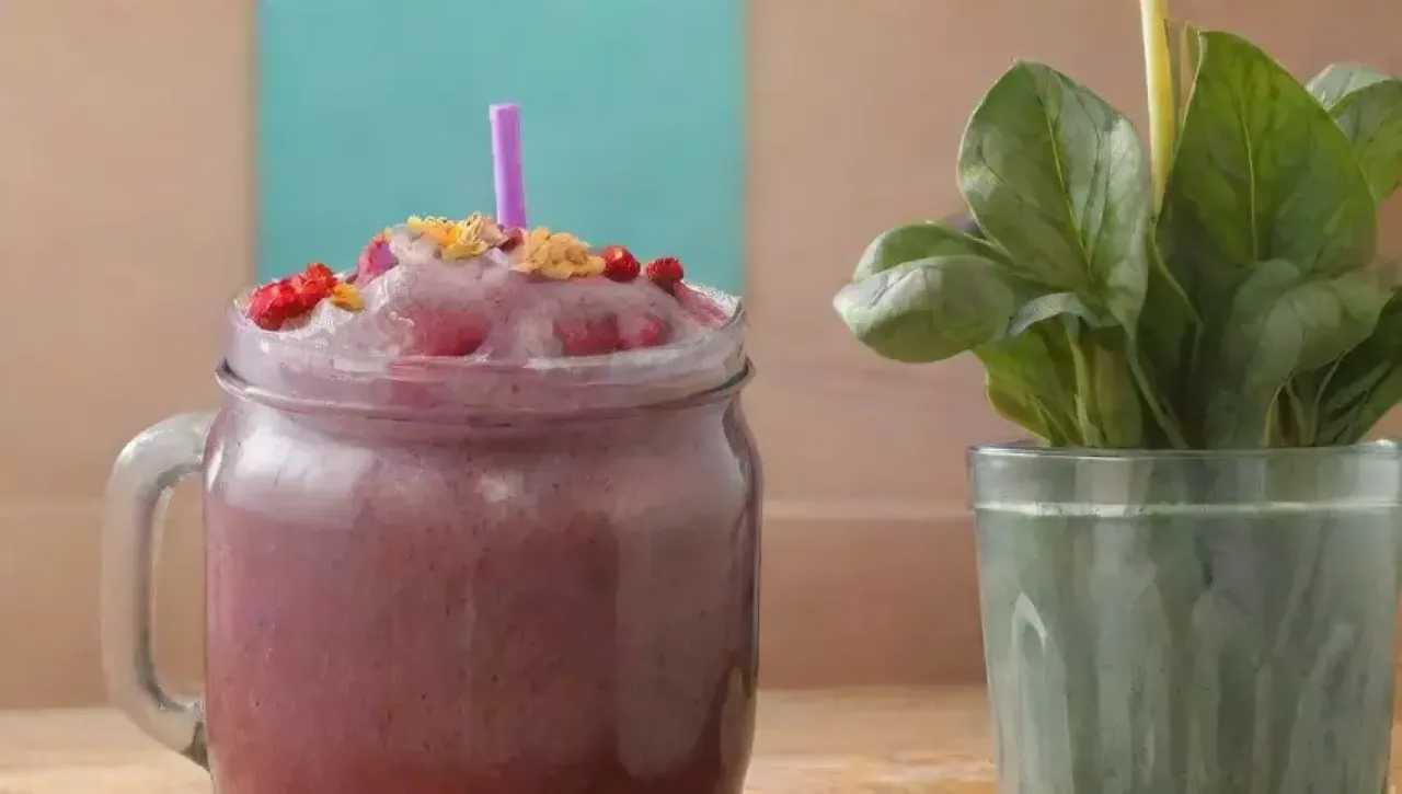 Un colorido smoothie bowl saludable con remolacha, espinacas, frutas y un toque de jengibre en un ambiente acogedor