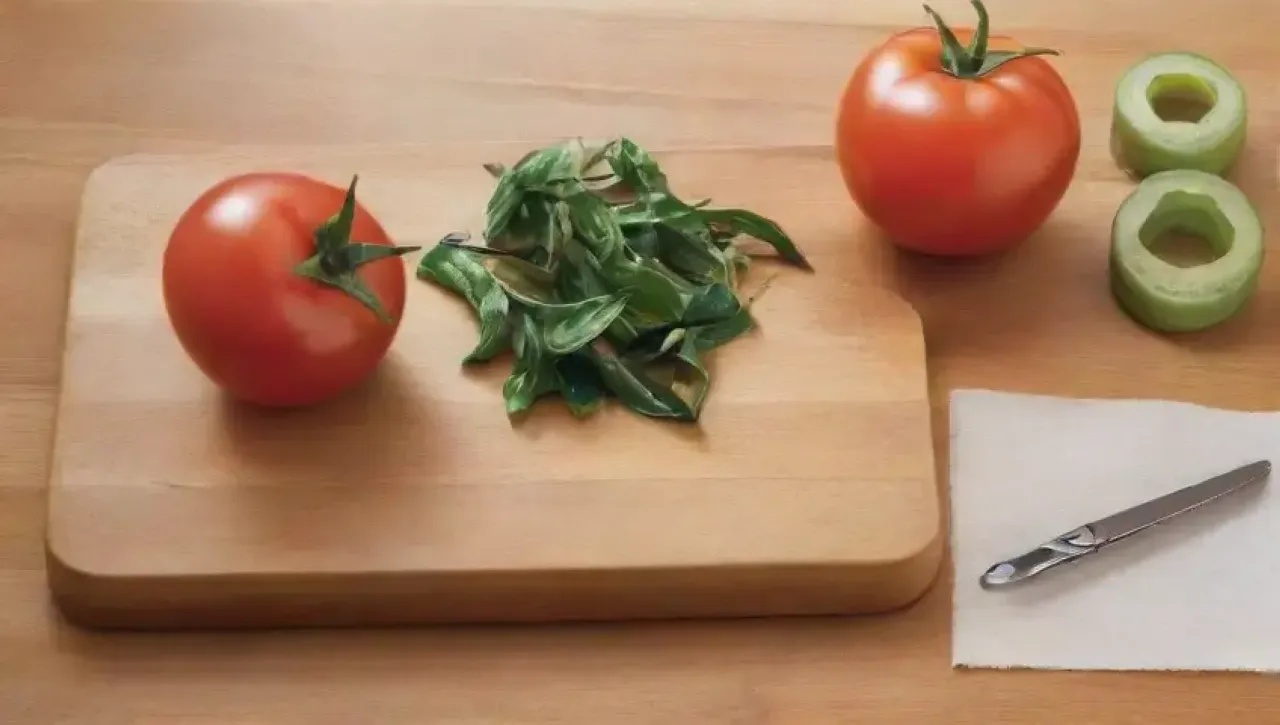 Un elegante cuchillo multiusos brilla sobre una mesa de cocina rústica, rodeado de verduras frescas y un ambiente acogedor