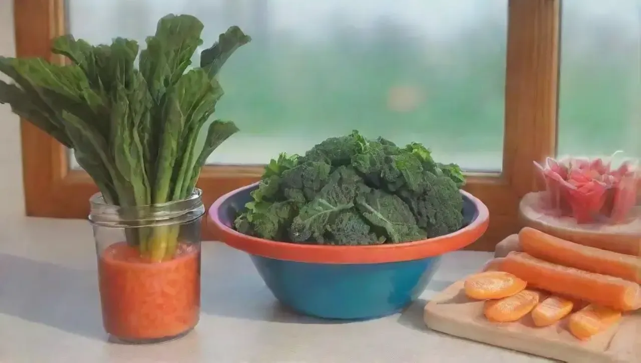 Un alegre desayuno saludable con frutas, verduras y luz natural