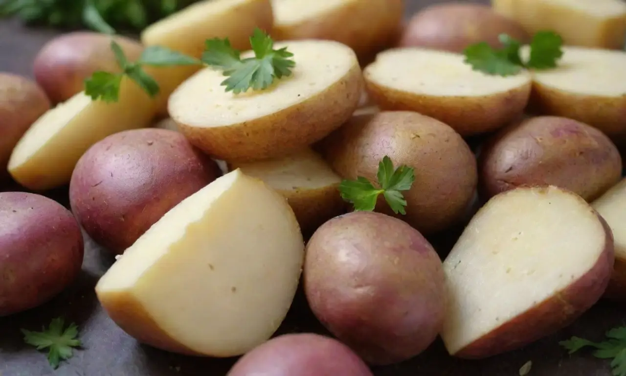 Papas coloridas y crujientes con queso y hierbas frescas
