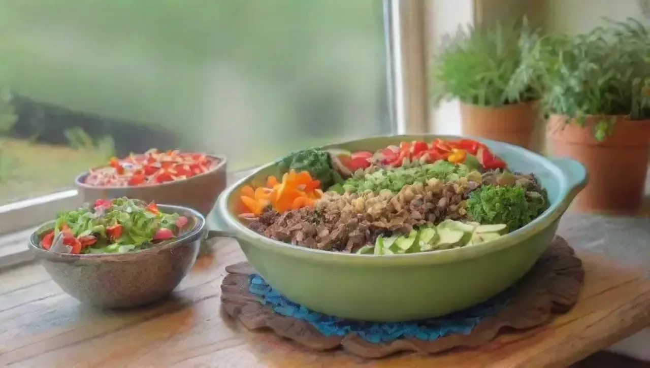 Una escena vibrante de comida saludable y comunidad en un acogedor entorno