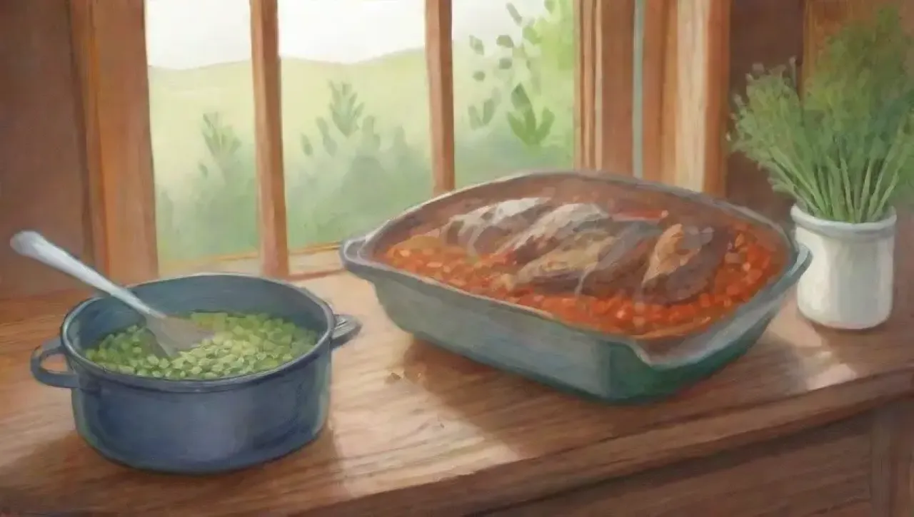 Una cocina vibrante y acogedora con ingredientes coloridos y un delicioso guiso humeante
