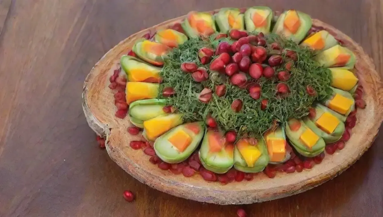 Bruschetta vibrante con mango, granada, aguacate, jalapeños y flores comestibles, un festín tropical en un plato