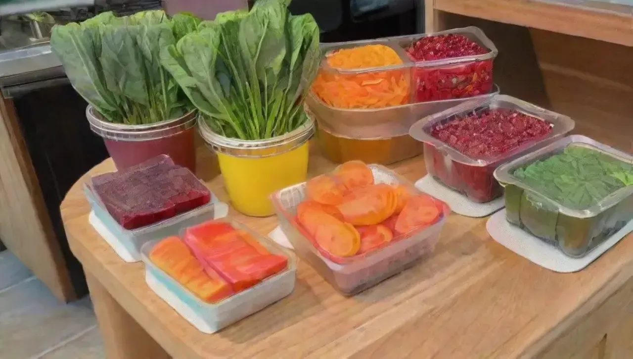 Una colorida variedad de frutas y verduras frescas en una cocina acogedora