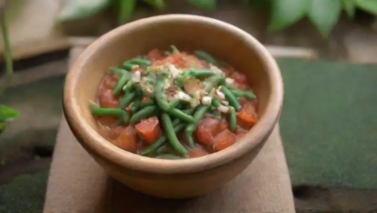 Un plato de judías verdes frescas con tomate, ajo y hierbas en un acogedor entorno de cocina