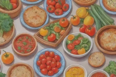 Vegetales coloridos y platos tradicionales crean una atmósfera acogedora y vibrante en la herencia culinaria de Bulgaria