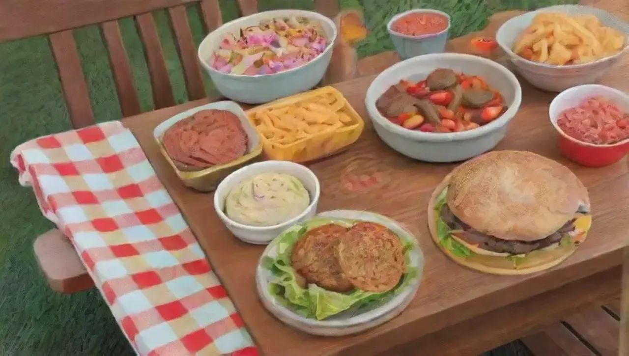 Una mesa colorida con ingredientes frescos y amigos riendo en un concurso de hamburguesas
